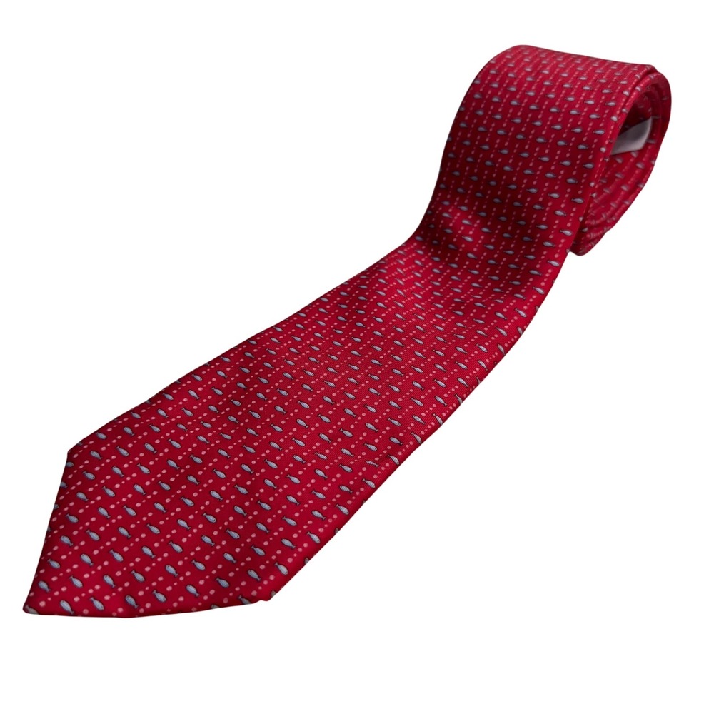 Salvatore Ferragamo Necktie Red Fish Print 100% Silk Tie Made in Italy 56x3.5